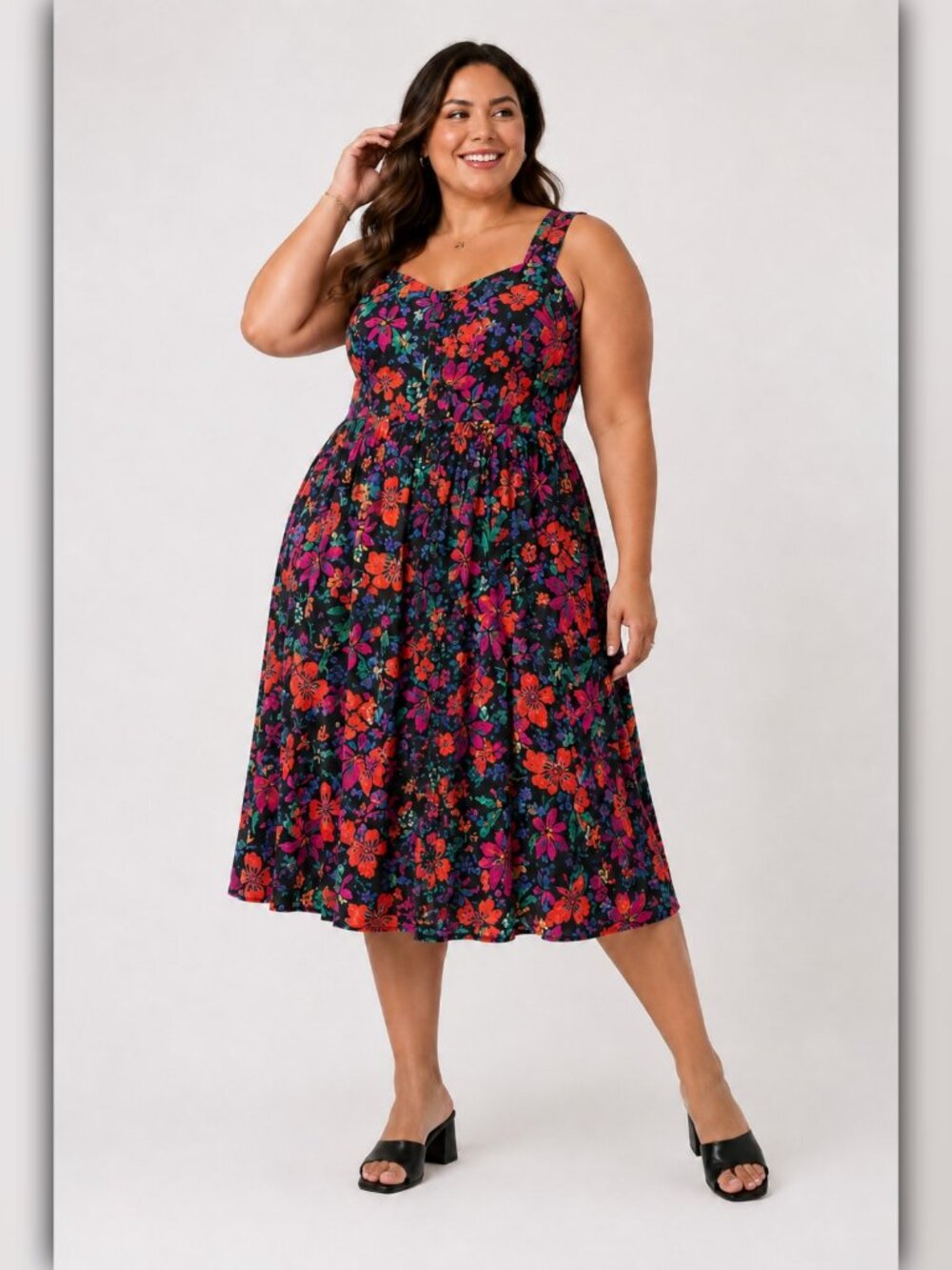 A457 • Tropical Floral Button Front Midi Dress